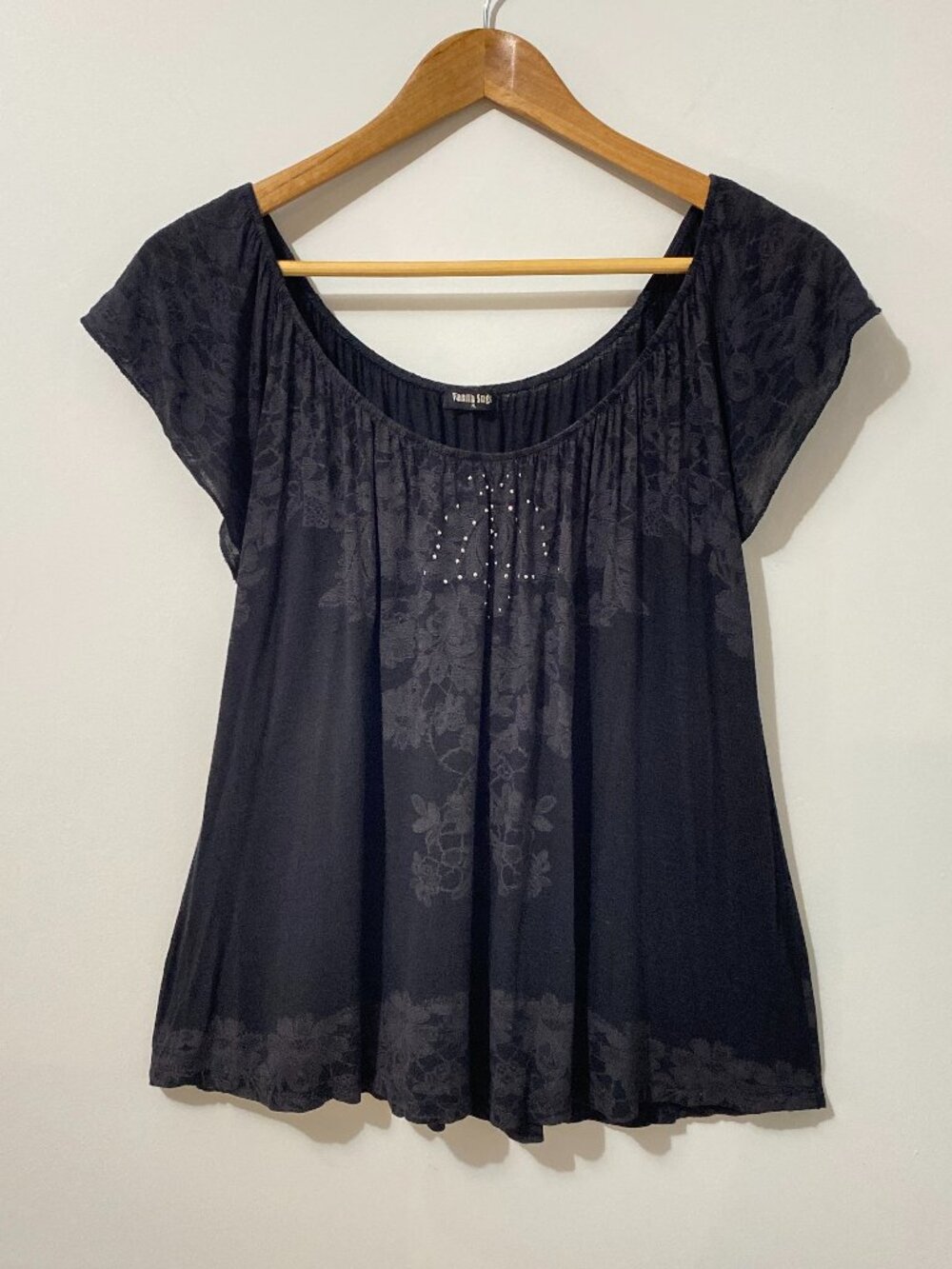 Vintage Y2K Scoop Neck Babydoll Top Whimisgoth Floral Print Rhinestones Grunge